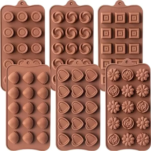 6 Pcs Silicone Chocolate Mold Set - Food-Grade Non-Stick Candy Molds Cookery Moulds for Chocolate, Candy, Jello, Soap & Crayon - Classic Shapes (Heart, Flower, Shell, Cup, Square, Whirlpool)