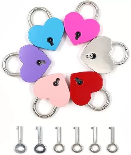 6 Pcs Small Metal Padlock Lock, Mini Heart Locks with Keys, Mini Love Heart Lock for Baggage Diary Jewelry Box (Colors)