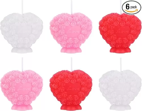 6 Pcs Valentines Heart Shaped Rose Candle-2.9x2.7 Inches Unscented Love Heart Candles-Romantic Decorative Rose Heart Candle for Valentine