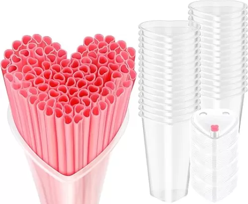 60 Set Heart Shaped Plastic Cups with Straws 16 oz Disposable Cups with Lid and Straws for Valentines Birthday Wedding Anniversary Party Supplies