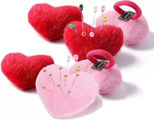 6Pcs Heart Shape Sewing Wearable Pincushion Sewing Pin Cushion Elastic Wrist Belt Needle Pin Cushion Needles Holder Wrist Strap Pin Cushions for Sewing Quilting or DIY Crafts