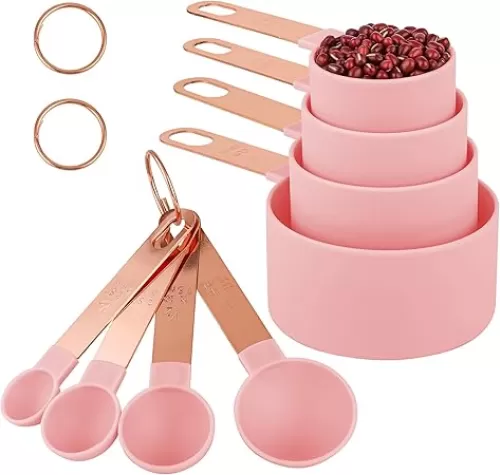 8-Piece Stackable Rose Gold Stainless Steel Handled Measuring Cups and Spoons for Measuring Dry and Liquid Ingredients (Pink)