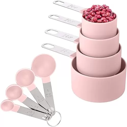 8 Pieces Measuring Cups and Spoons Set / Nesting Measuring Cups with Stainless Steel Handle / for Dry and Liquid Ingredient (Light pink)