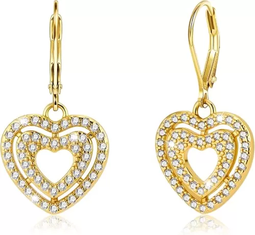 925 Sterling Silver 14K Gold Plated Heart Dangle Earrings for Women, ALEXCRAFT Dangling Drop Earring Trendy Leverback Hearts Shaped Cubic Zirconia Dangly Minimalist Earings Hypoallergenic