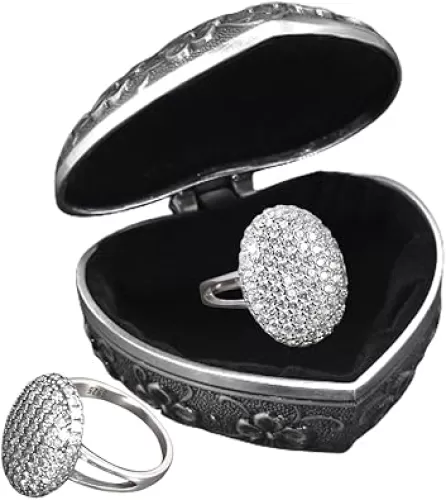 925 sterling silver bella swan's wedding ring ~ inlaid cubic zircons/moissanite diamonds ~ twilight micro pavé victorian domed-oval shape ring ~ with heart shape metal box ✬✬✬By Fantasy World✬✬✬