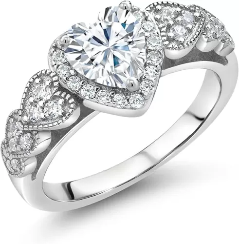 925 Sterling Silver Heart Gemstone Birthstone and White Moissanite Halo Ring for Women | 6MM Heart Shape Center with Pave Accents | Wedding Anniversary Engagement Promise Ring | Sizes 5-9