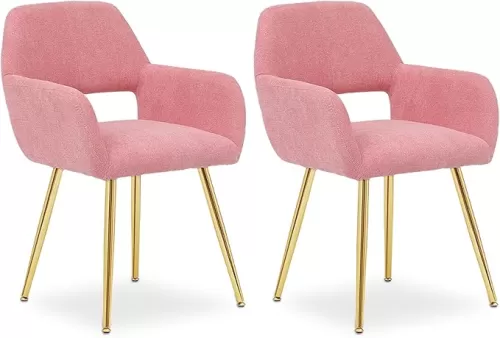 Athena Collection Dining Room Arm Chairs Set of 2, Modern Upholstered Accent Chairs with Armrest and Metal Legs, Comfy Armchais Side Seat for Living Room, Kitchen, Dining Table, Pink