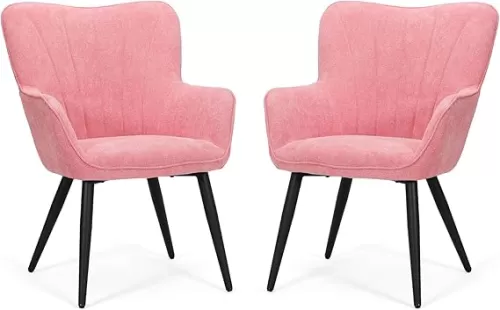 Athena Collection Wingback Accent Chairs Set of 2 for Living Room, Linen Fabric Upholstered Reading Chairs for Adults, Comfy Armchair with Metal Legs for Bedroom, Dorm, Balcony, Pink