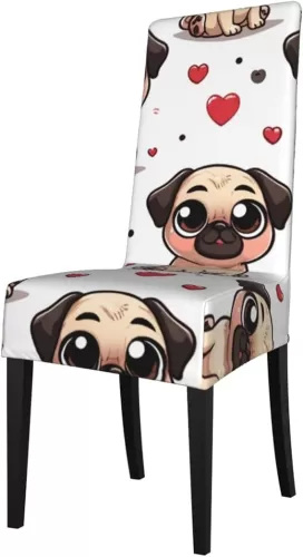 Augenstern Washable Cartoon-Pugs-Puppies-Hearts Slipcovers for Kitchen Chairs Removable Stretch Chair Covers for Dining Room