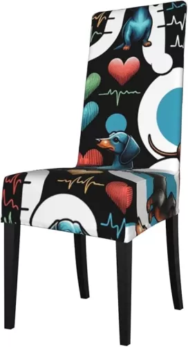 Augenstern Washable Dachshunds-Heartbeat Slipcovers for Kitchen Chairs Removable Stretch Chair Covers for Dining Room
