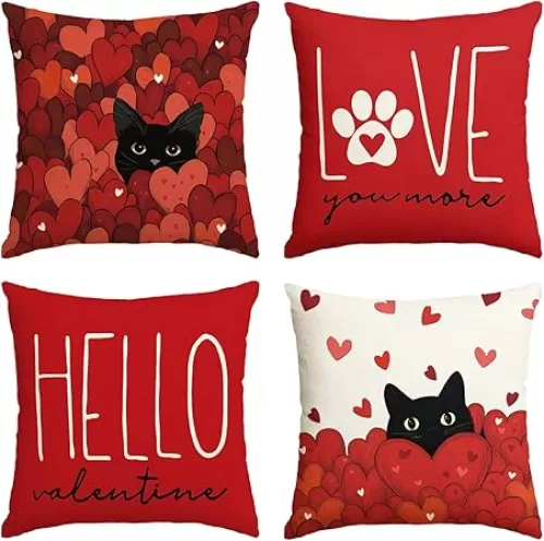 AVOIN colorlife Hello Valentine Red Heart Throw Pillow Covers, 18 x 18 Inch Love You More Black Cat Anniversary Wedding Cushion Case Decoration for Sofa Couch