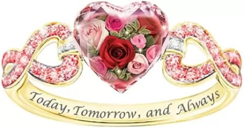 Awmnjtmgpw 18K Rose Gold Pink Gem Diamond Set Cubic Zircon Diamond Ring Rose Heart-Shaped Wreath Engagement Ring Valentine's Day Gift Women's Precious Jewelry Size 6-10 (Size 9)