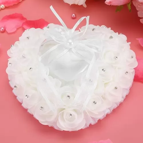 Bearer Pillows Bearer Pillow Pe Rhinestone Romantic Heart Shaped Wedding Box Rose Rhinestone Decor Pillow Cushion(White) (White)