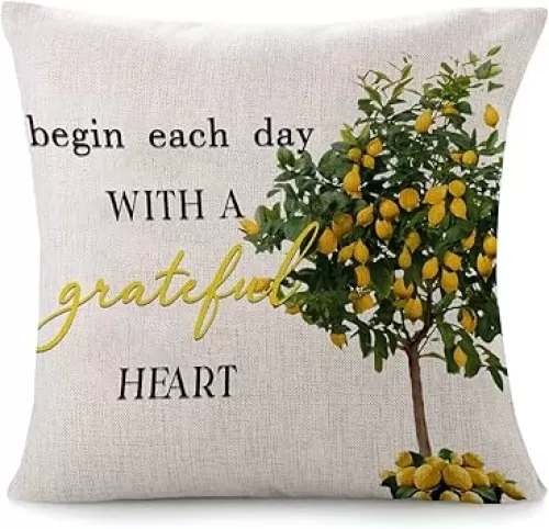 Begin Each Day with A Grateful Heart Throw Pillow Case Lemon White Floral Pillowcase Lettering Saying 18x18in Decorative Pillow Home Cotton Linen Antique Pillow Cover for Couch Sofa Bed Chair Indoor