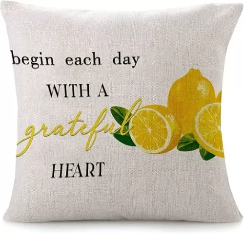 Begin Each Day with A Grateful Heart Throw Pillow Cover Lemon White Floral Pillow Case Quote Saying 16x16in Decorative Pillow Home Cotton Linen Antique Throw Pillow Case for Sofa Couch Bed Chair Car