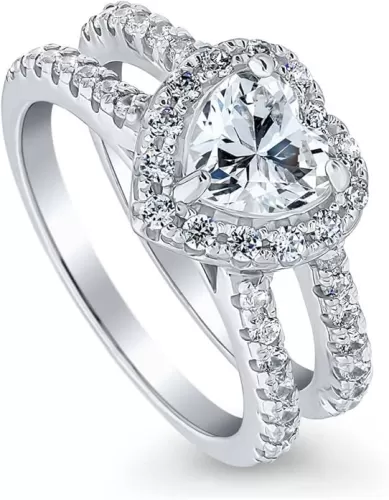 BERRICLE Sterling Silver Halo Wedding Engagement Rings Heart Shaped Cubic Zirconia CZ Heart Ring for Women, Rhodium Plated