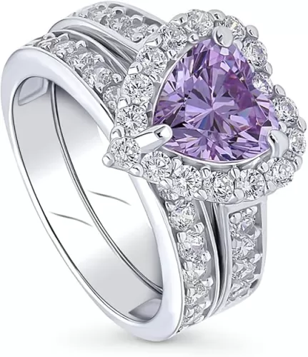 BERRICLE Sterling Silver Halo Wedding Engagement Rings Purple Heart Shaped Cubic Zirconia CZ Statement Heart Ring Set for Women, Rhodium Plated