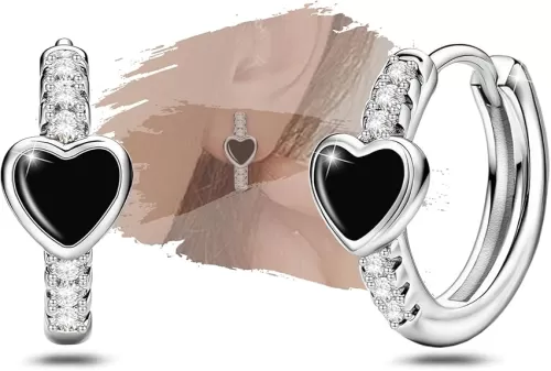 Black Heart Hoop Earrings for Women - Sterling Silver Love Heart-Shaped Loop Earrings Hypoallergenic Lightweight Fashion Jewelry Gifts for Sensitive Ears for Her Wife Lady