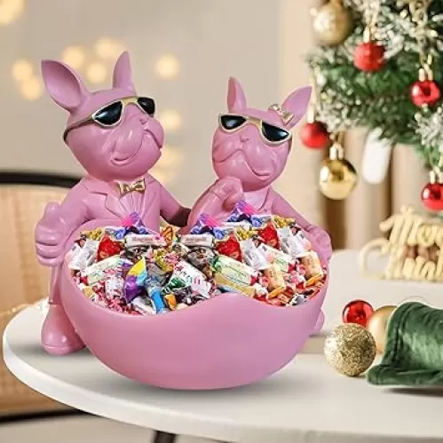 Bulldog Lovers Candy Bowl Decor，Heart-shaped Key Holder Bowl Candy Dish, Bulldog Accessories, Resin Bulldog Statue for Office Desk Home Decor Figurines Entryway Table Decor（Pink）