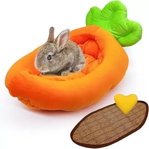 Bunny Bed, Thick&Soft Rabbit Bed with Removable Cushion, Machine Washable with Rattan Mat & Heart Decor, Cozy Warm Small Animal Sleeping Beds (Carrot Shape-M)