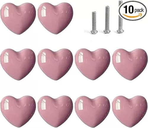 Ceramic Drawer Knobs Heart Shape Cabinet Dresser Pulls Handles with 3 Sized Screws, Kitchen Furniture Knobs for Closet Cupboard Wardrobe (10 Pack, Pink)