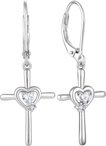 Cross Earrings Sterling Silver Opal Crucifix Dangle Drop Earrings Heart Birthstone Religious Jewelry for Women