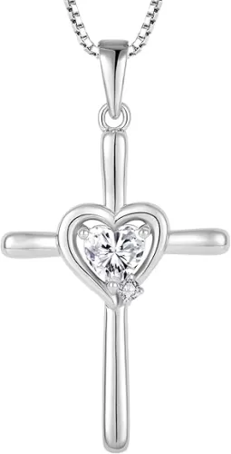Cross Necklace 925 Sterling Silver Religious Pendant Crucifix Heart Birthstone Jewelry