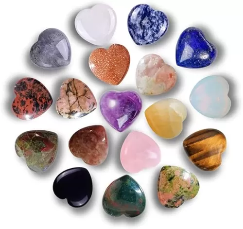 Crystal Heart Shaped Stones Set Assorted Natural Variety Pack Gemstones 1" (25 * 25 * 12mm) Pocket Worry Palm Stone Rock Collection Box for Healing Reiki Jewelry Making Home Decor 18Pcs