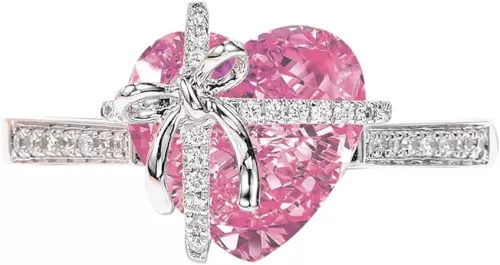 Dainty Cute 925 Silver Pink Heart Shaped Zircon Ring Bow Tie Ring for Women Anniversary Wedding Engagement Promise Rings CZ Diamond Eternity Band Opening Adjustable Ring (Pink)