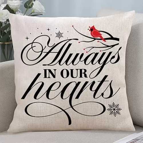 Decorative Christmas Linen Throw Pillow Cover Always in Our Hearts Antique Sofa Cushion Case Xmas Lumbar Cushion Case for Cabin Farmhouse Home Decor 20x20 Inch