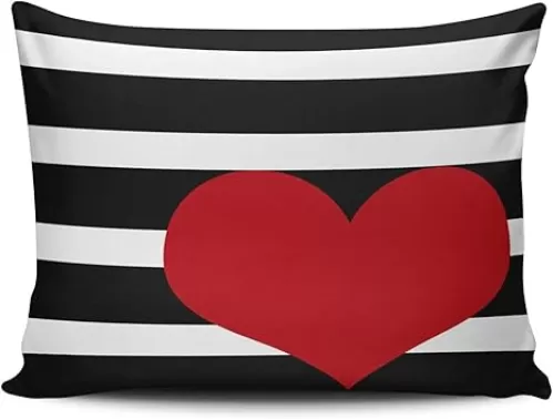 Decorative Pillowcases Red Heart Pillow with Black and White Stripes Cute Customizable Cushion Rectangle Queen Size 20x30 inch Throw Pillow Cover Case Hidden Zipper One Side Design Printed