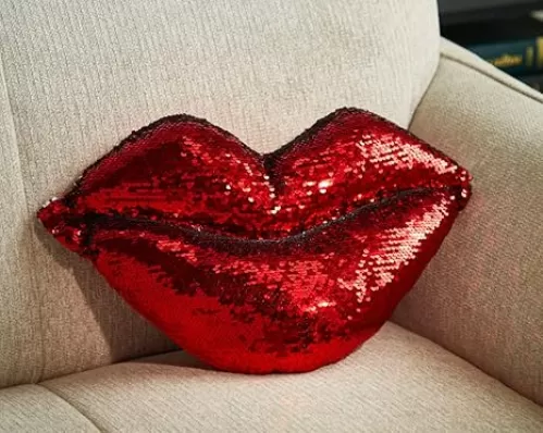 Decorative Sequin Lip Throw Pillow, Cobalt Pink Heart Shape, Valentine's Day Accent Cushion