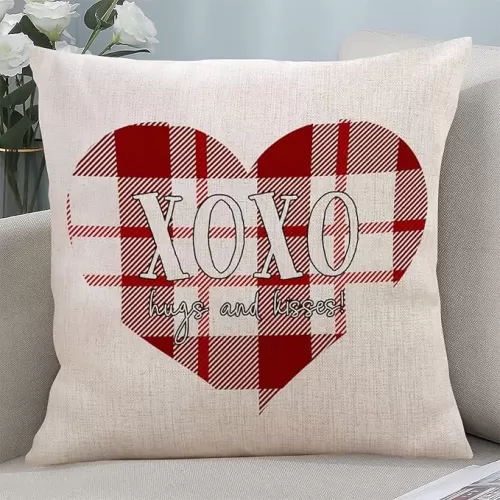 Decorative Valentine's Day Throw Pillow Cover XOXO Love Heart Antique Linen Cushion Case Comfy Lumbar Pillow Case Double Sides Printed Pillow Sham for Couch Bench 18x18 Inch