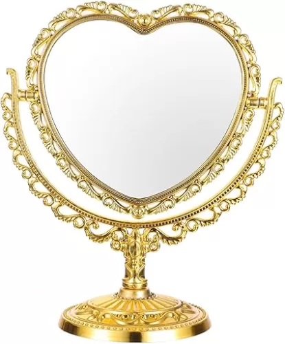 DOITOOL Heart Shaped Cosmetic Mirror - Rotatable Double Sided Dresser Mirror, Vintage Style for Desk (Golden)