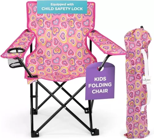Emily Rose Kids Folding Beach Chair with Safety Lock - Small Camping Camp Chair for Boys Girls Toddler with Cup Holder & Carry Case - Tailgate, Sports, Travel, Lawn - Indoor & Outdoor (Playful Hearts)