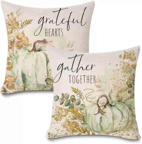Fall Pillow Covers 18x18 Set of 2 Watercolor Green Pumpkin Leaves Pillows Decorative Autumn Thanksgiving Quotes Grateful Hearts Gather Together Throw Pillows Cushion Case Farmhouse Decorations F050