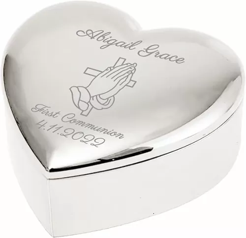 First Communion Gift for Girls Personalized Heart Shaped Jewelry Keepsake Box Custom Name Date Cross, 2.4"D x 2.4"W x 1"H