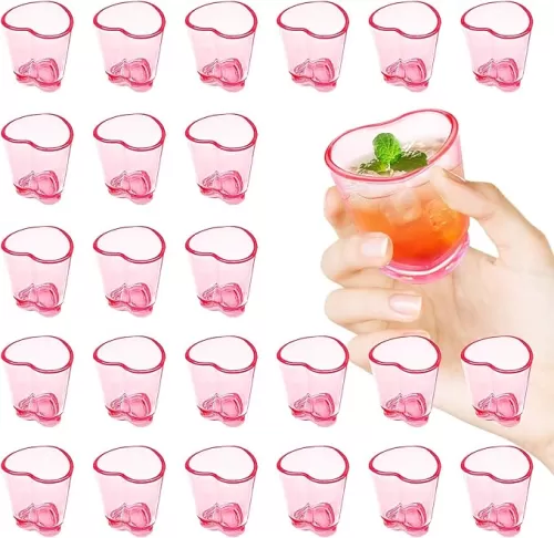 Frcaurs 24 Pcs Pink Heart-Shaped Plastic Shot Glasses, 1.5 Oz Reusable Beer Mugs, Cute Tasting Glasses for Beer, Juice, Cocktails, and Parties
