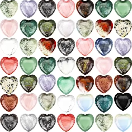 Fumete 60 Pieces Multicolor Crystal Natural Heart Stone Mini 20 mm Pocket Heart Love Carved Palm Puffy Shaped Chakra Reiki Energy Balancing Stone for Decoration