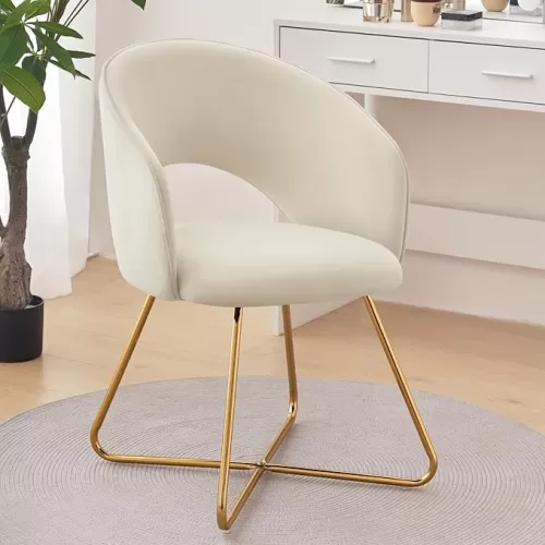 Furniliving Velvet Vanity Chair with Curved Back, Upholstered Barrel Desk Chair with Gold Legs, Mid Century Modern Accent Chair for Living Room, Dressing Room, Bedroom, Khaki