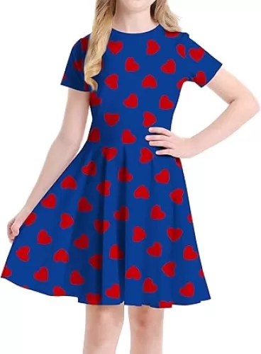 Girls Easter Dress Valentines Outfit Cute Heart Dresses Short Sleeve with Swing