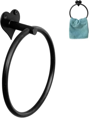 Hand Forged Heart Shape Towel Ring Holder Wrought Iron Handmade Wall Mounted Hand Towel Holder Modern Farmhouse Kitchen Towel Ring Heavy Duty Bathroom Towel Ring Matt Black by Living Ideas