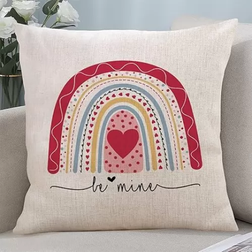 Happy Valentine's Day Linen Throw Pillow Cover Colorful Rainbow Love Hearts Be Mine Decorative Sofa Cushion Case Antique Lumbar Cushion Cover Linen Pillow Sham for Sofa Chair Valentine's Day Decor