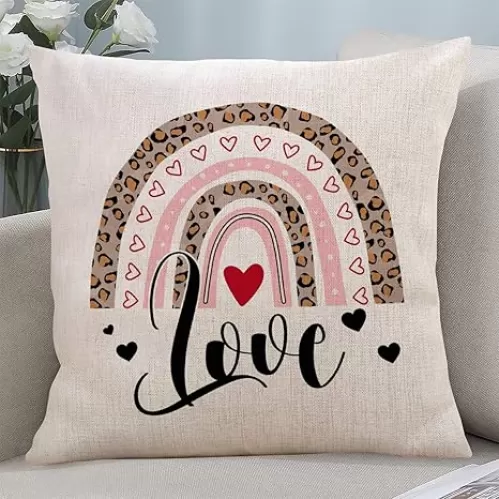 Happy Valentine's Day Linen Throw Pillow Cover Leopard Print Rainbow And Hearts Love Decorative Sofa Cushion Case Antique Accent Cushion Case Linen Square Pillowcase for Bed Chair Valentine's Day