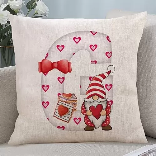 Happy Valentine's Day Linen Throw Pillow Cover Monogram Pink Hearts Gnomes Initial G Decorative Sofa Pillow Cover Antique Lumbar Cushion Case Linen Square Pillowcase for Bed Chair Valentine's Day