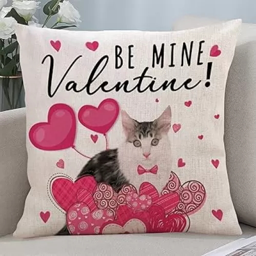 Happy Valentine's Day Linen Throw Pillow Cover Pet Cat And Red Hearts Balloons Be Mine Valentine Decorative Sofa Pillow Cover Antique Accent Pillow Cover Linen Square Pillowcase for Chair Bench