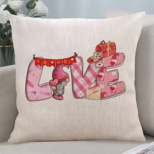 Happy Valentine's Day Linen Throw Pillow Cover Valentine's Day Floral Gnomes Hearts And Love Decorative Sofa Cushion Cover Aesthetic Accent Pillow Cover Linen Square Pillowcase for Chair Car Valentine