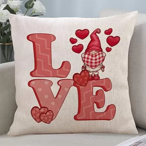 Happy Valentine's Day Linen Throw Pillow Cover Valentine's Day Gnomes Hearts Roses And Love Decorative Sofa Cushion Case Antique Accent Cushion Case Linen Pillow Sham for Chair Bed Valentine's Day
