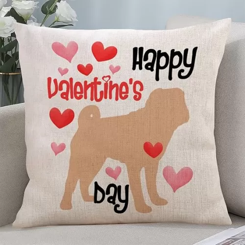 Happy Valentine's Day Throw Pillow Cover Happy Valentine's Day Pet Dog Love Hearts Antique Living Room Sofa Cushion Cover Decorative Lumbar Pillow Cover Linen Square Pillowcase for Valentine's Day
