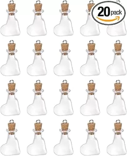 HARFINGTON 20pcs Mini Glass Bottles with Cork Stoppers Obliquely Heart Shaped Tiny Glass Jars Small Glass Vials Transparent Clear Wishing Bottles with Ring for DIY Art Crafts Party Decoration